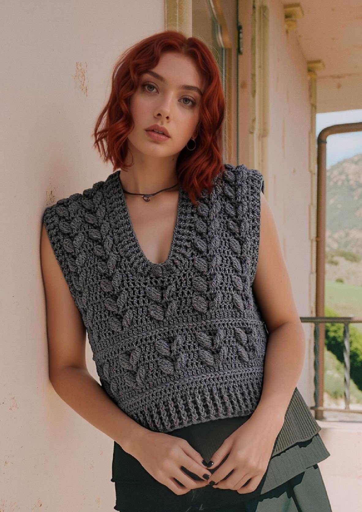 Pull sans manche, débardeur au crochet gris avec torsades