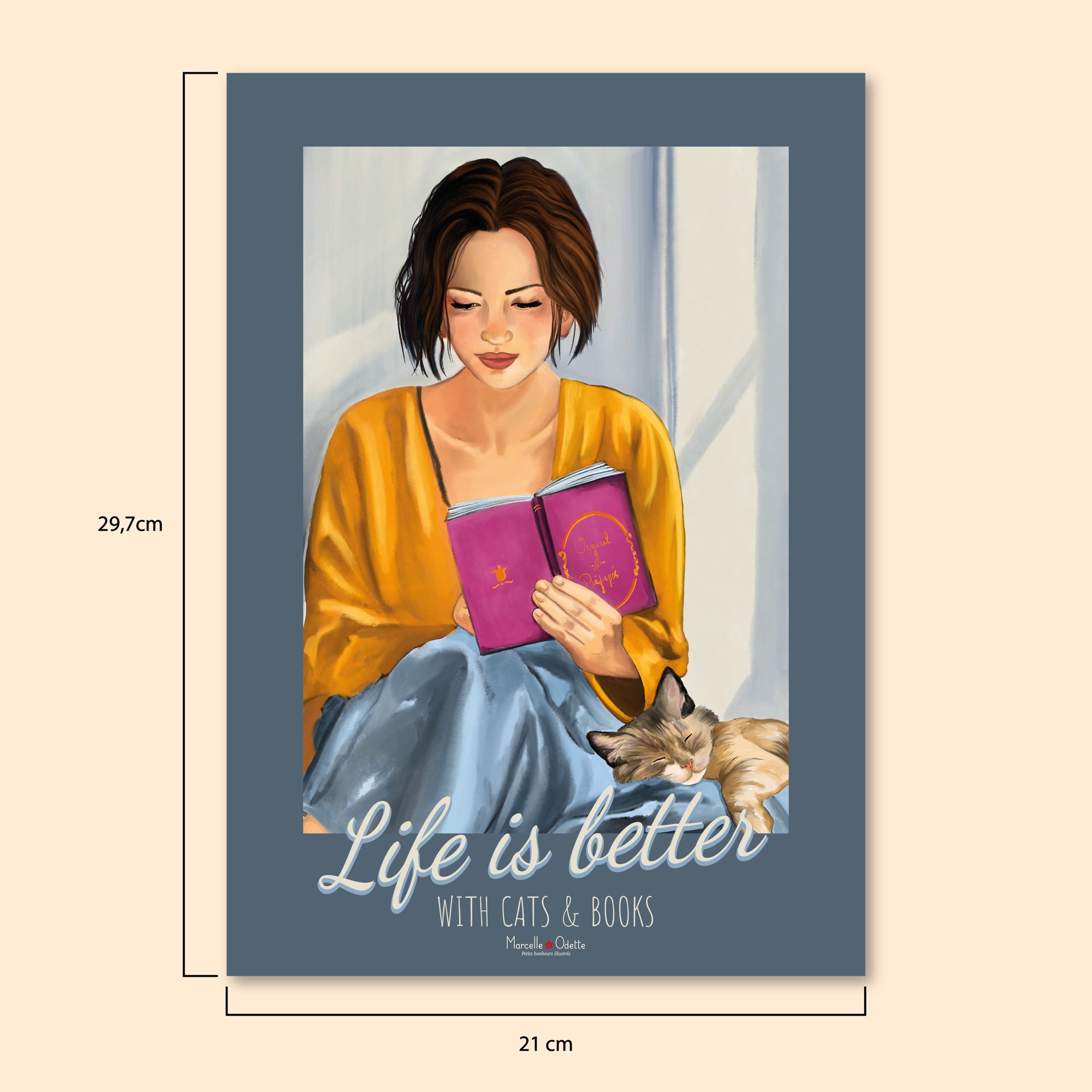 Affiche lecture cosy "la vie est plus belle avec des chats et des livres"