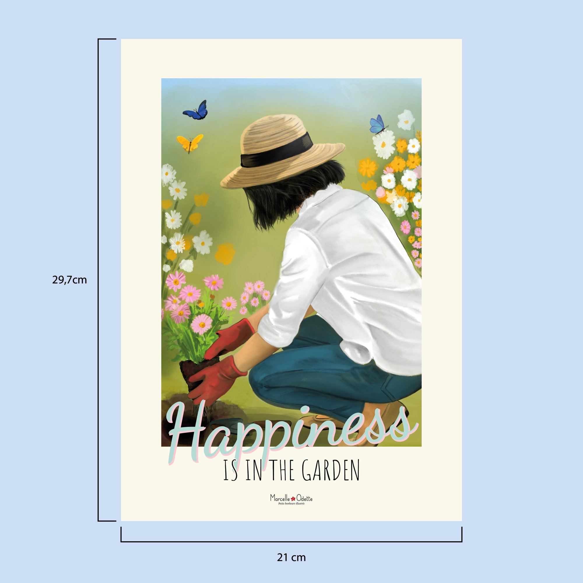 Affiche jardin, fleurs, papillons et jardinière "Le bonheur est dans le jardin'