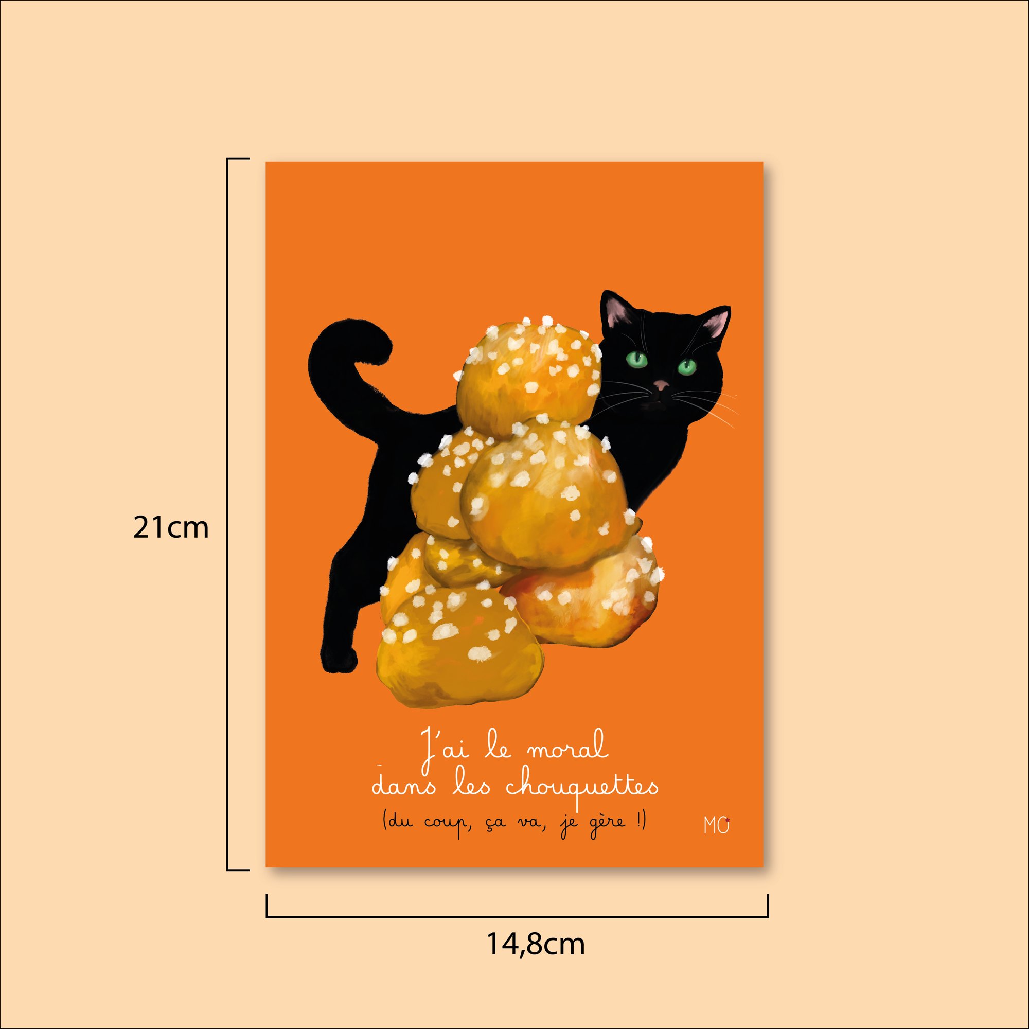 Affiche chat amusante "J'ai le moral dans les chouquettes"
