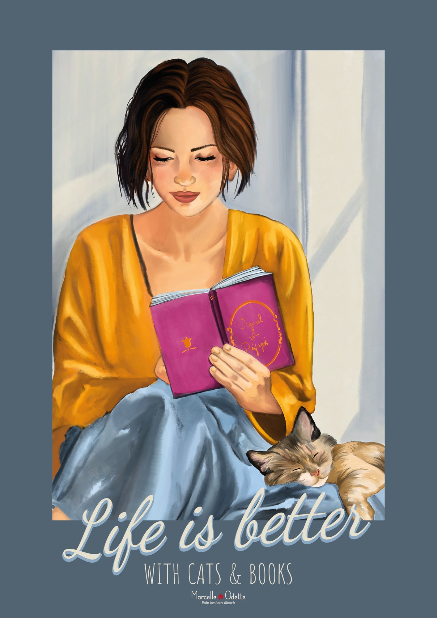 Affiche lecture cosy "la vie est plus belle avec des chats et des livres"