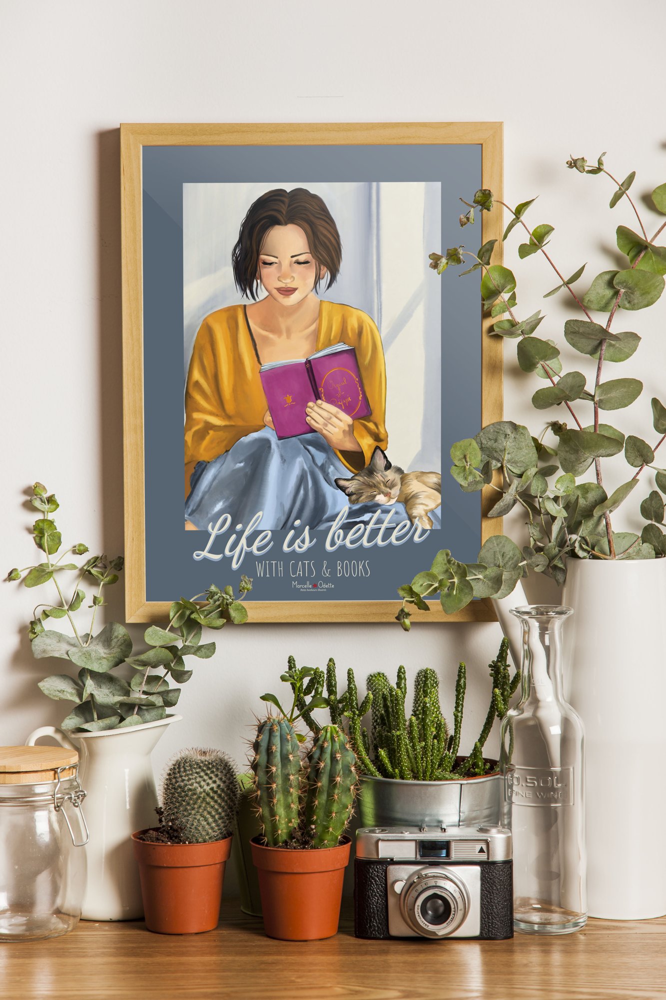 Affiche lecture cosy "la vie est plus belle avec des chats et des livres"