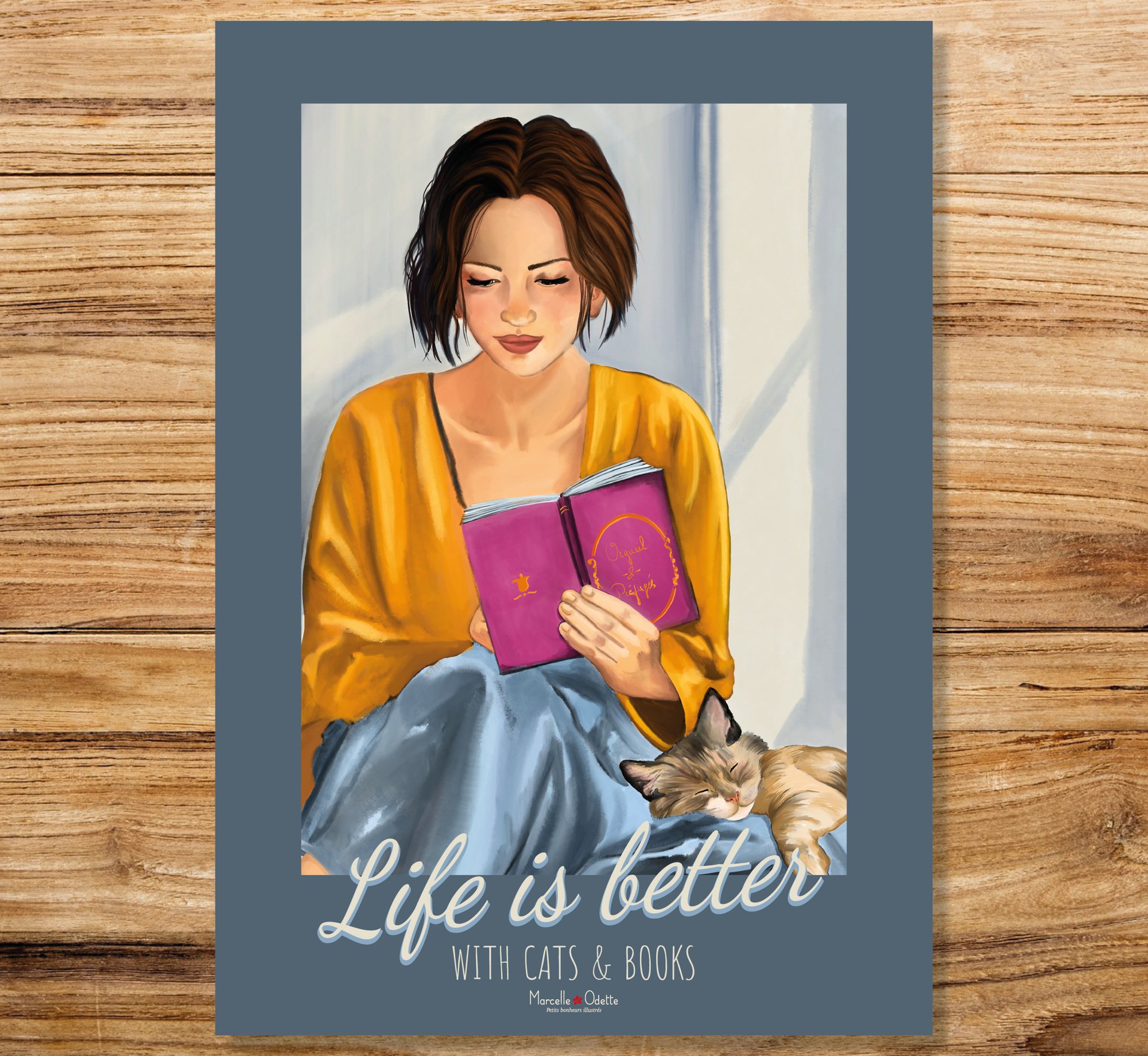 Affiche lecture cosy "la vie est plus belle avec des chats et des livres"