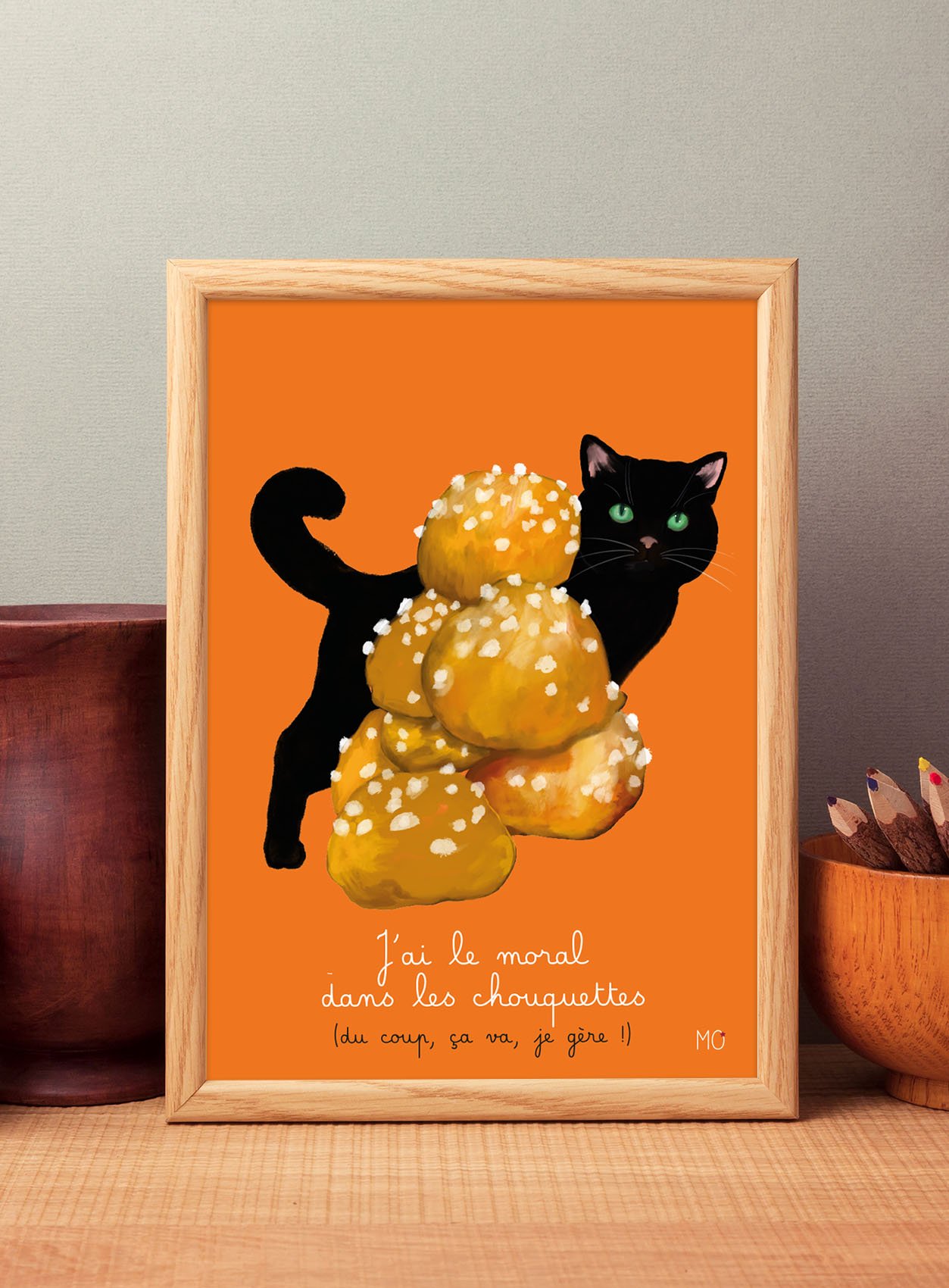 Affiche chat amusante "J'ai le moral dans les chouquettes"