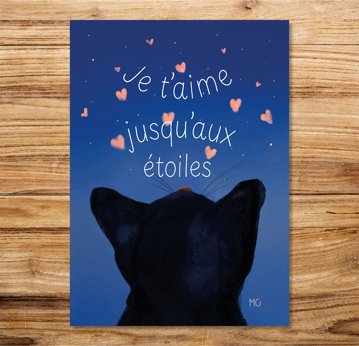 Affiche chat noir poétique "Je t'aime jusqu'aux étoiles"