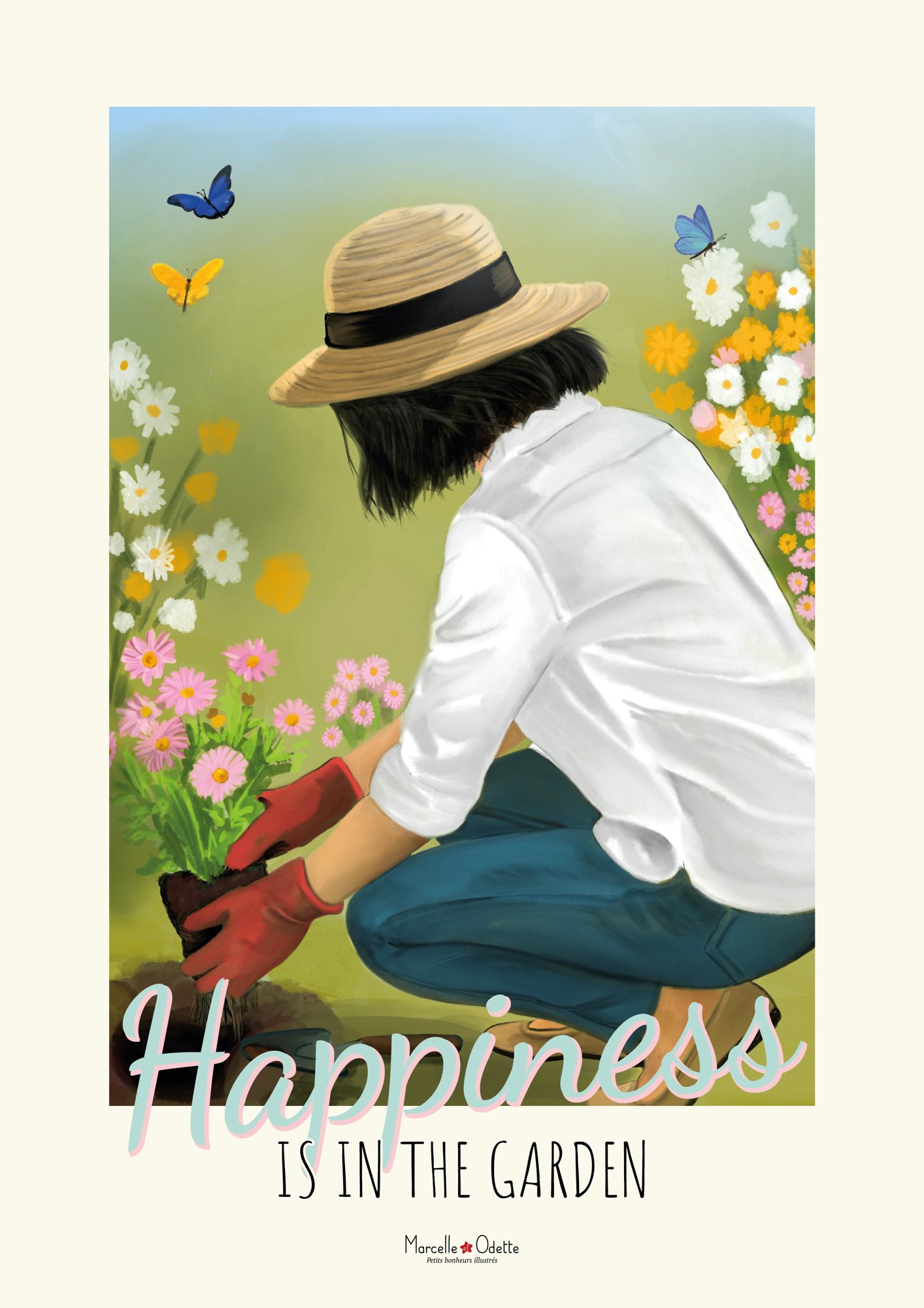 Affiche jardin, fleurs, papillons et jardinière "Le bonheur est dans le jardin'
