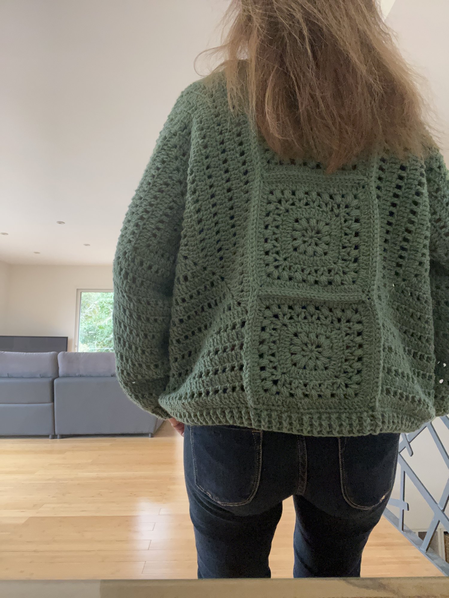 pull vintage, pull bohème, pull carré grand mère au crochet vert