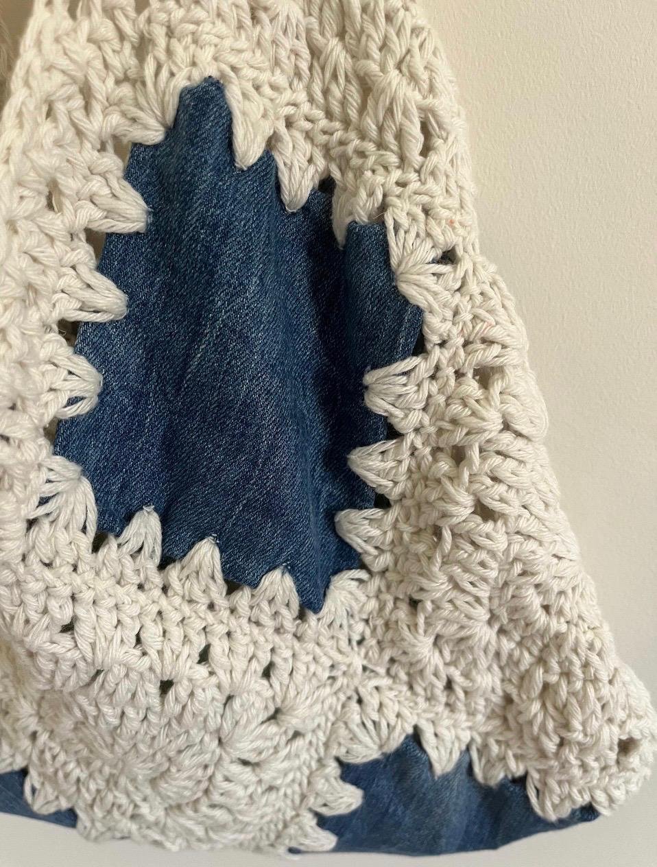 sac vintage crochet et jean fait main pièce unique