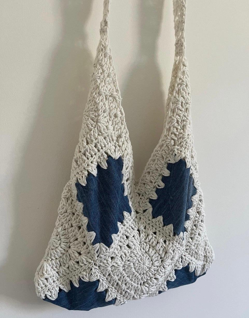 sac vintage crochet et jean fait main pièce unique