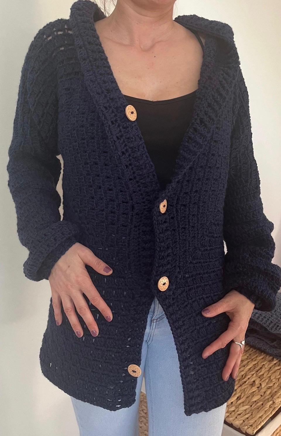 veste cardigan à capuche veste longue au crochet bleue marine Taille S/M