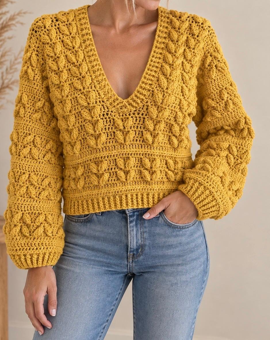 Pull femme au crochet jaune, pull fait main, pull bohème, pull col V, vêtement crochet artisanal