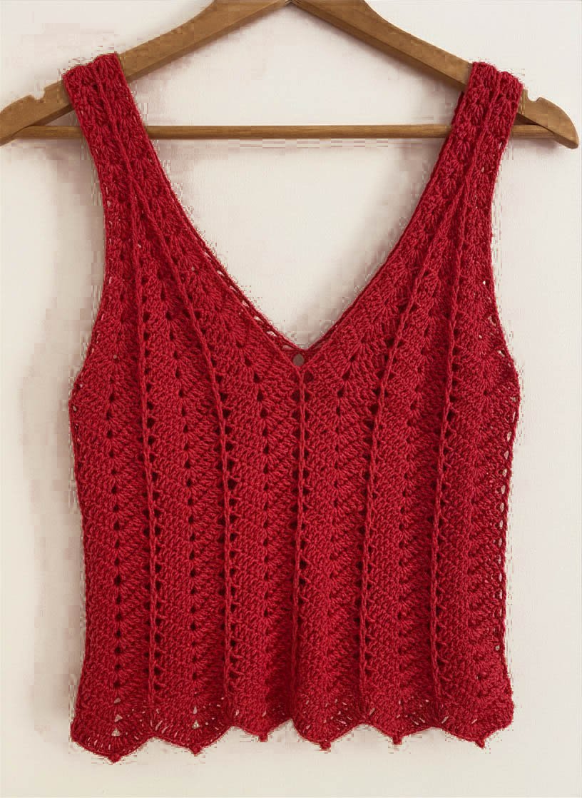 débardeur bohème chic, pull sans manche en coton au crochet rouge Taille M