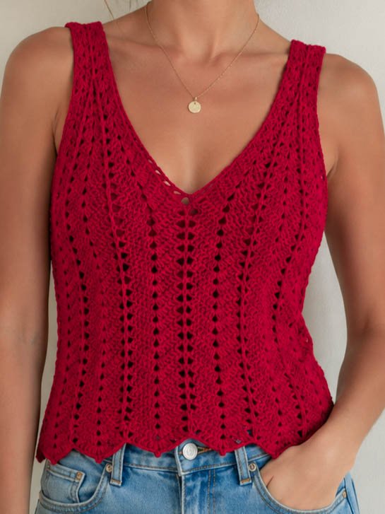 débardeur bohème chic, pull sans manche en coton au crochet rouge Taille M