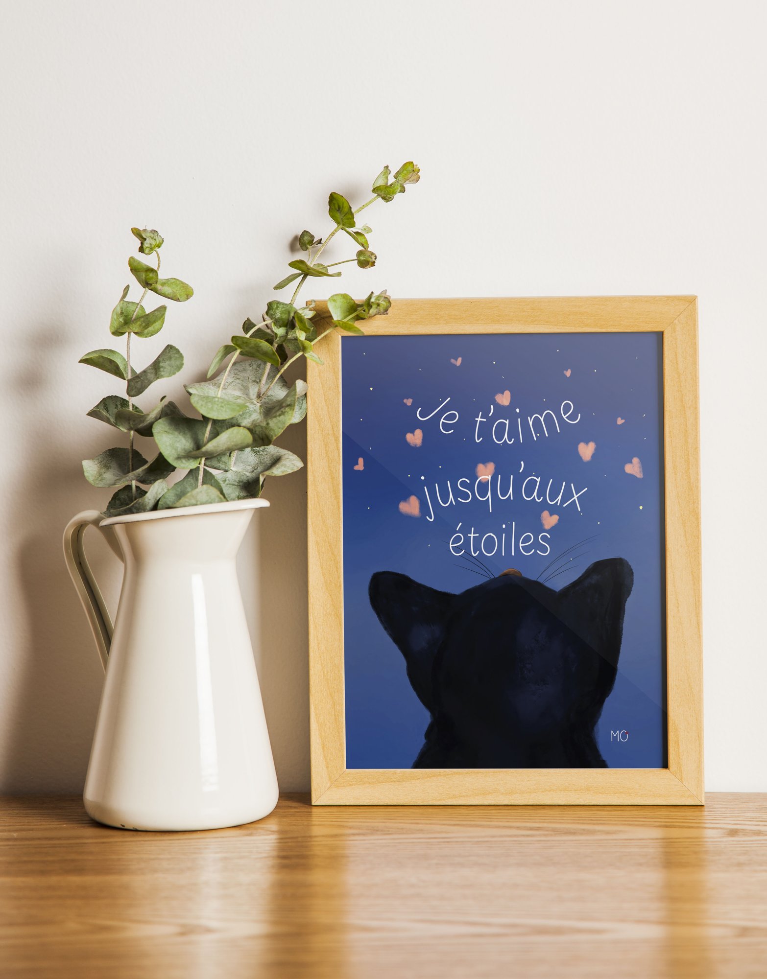Affiche chat noir poétique "Je t'aime jusqu'aux étoiles"