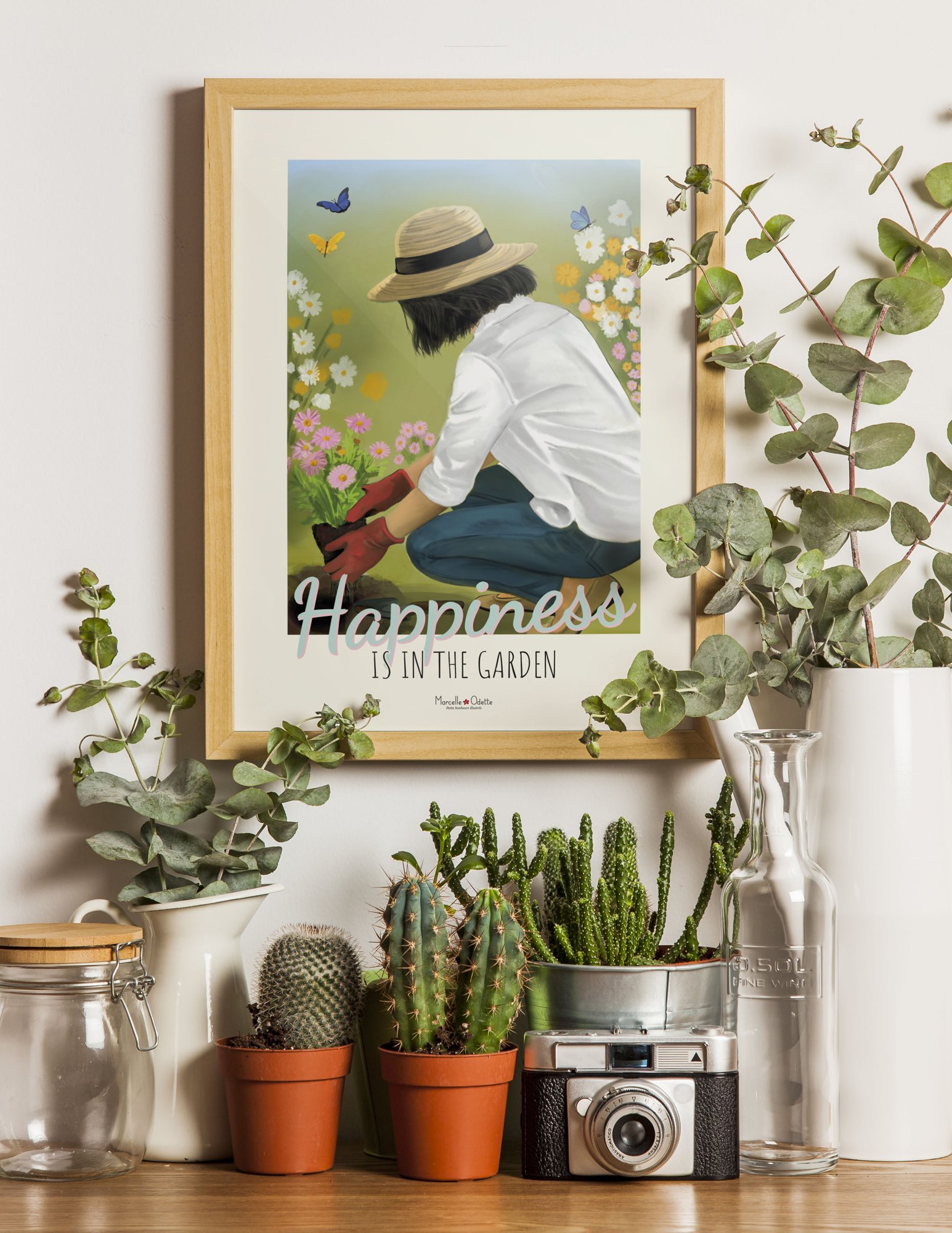 Affiche jardin, fleurs, papillons et jardinière "Le bonheur est dans le jardin'