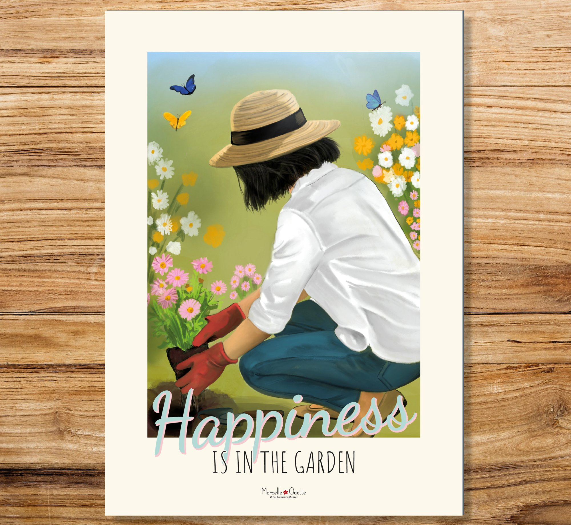 Affiche jardin, fleurs, papillons et jardinière "Le bonheur est dans le jardin'