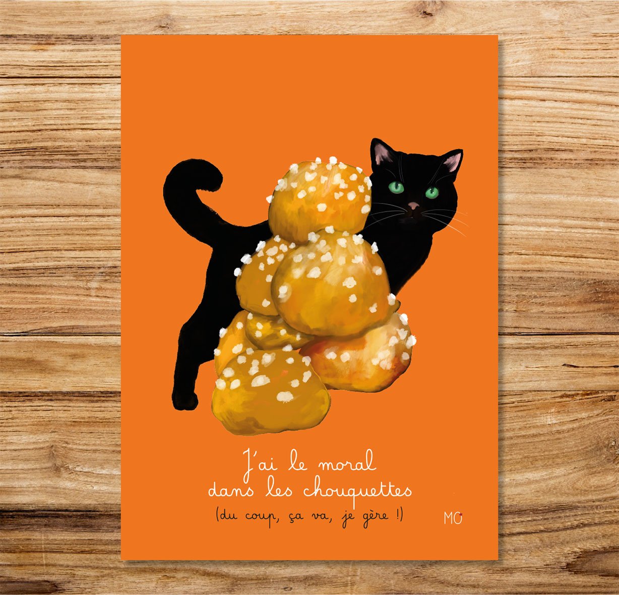 Affiche chat amusante "J'ai le moral dans les chouquettes"