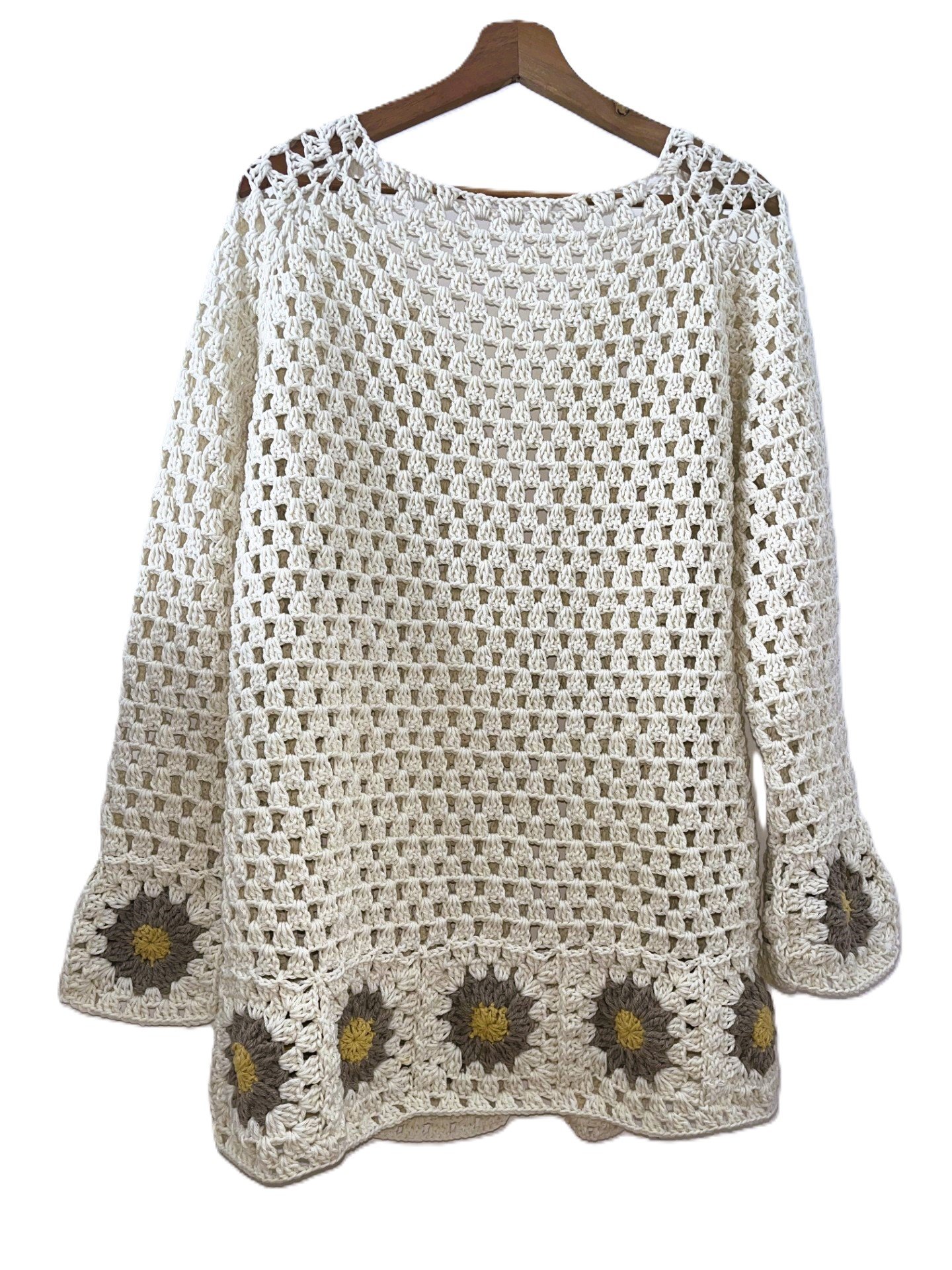 cardigan veste longue bohème granny square, veste boho chic tournesol en coton, cardigan été au crochet