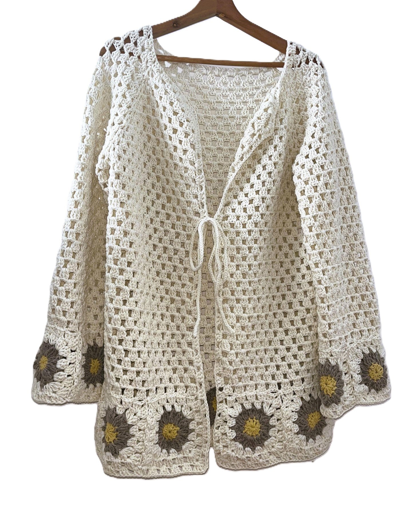 cardigan veste longue bohème granny square, veste boho chic tournesol en coton, cardigan été au crochet