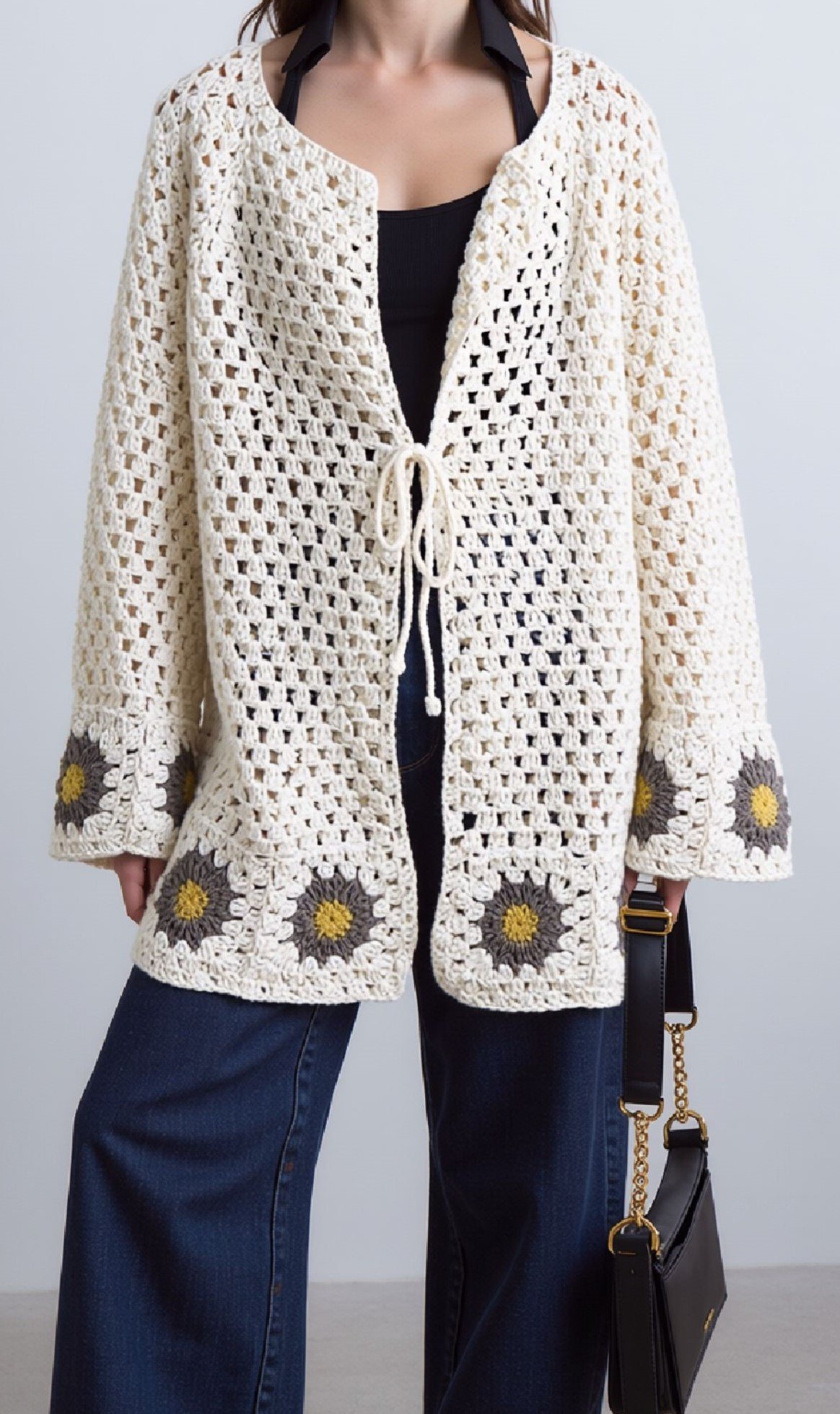 cardigan veste longue bohème granny square, veste boho chic tournesol en coton, cardigan été au crochet