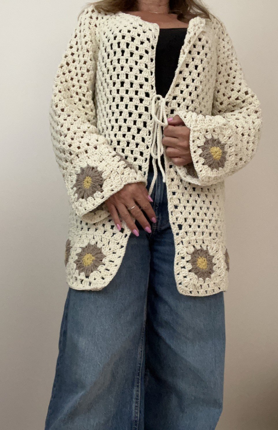 cardigan veste longue bohème granny square, veste boho chic tournesol en coton, cardigan été au crochet