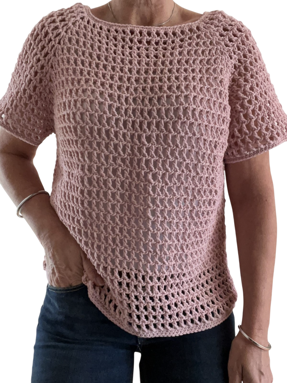 Pull au crochet fait main, pull maille résille, tunique été, manches courtes rose poudré Taille M