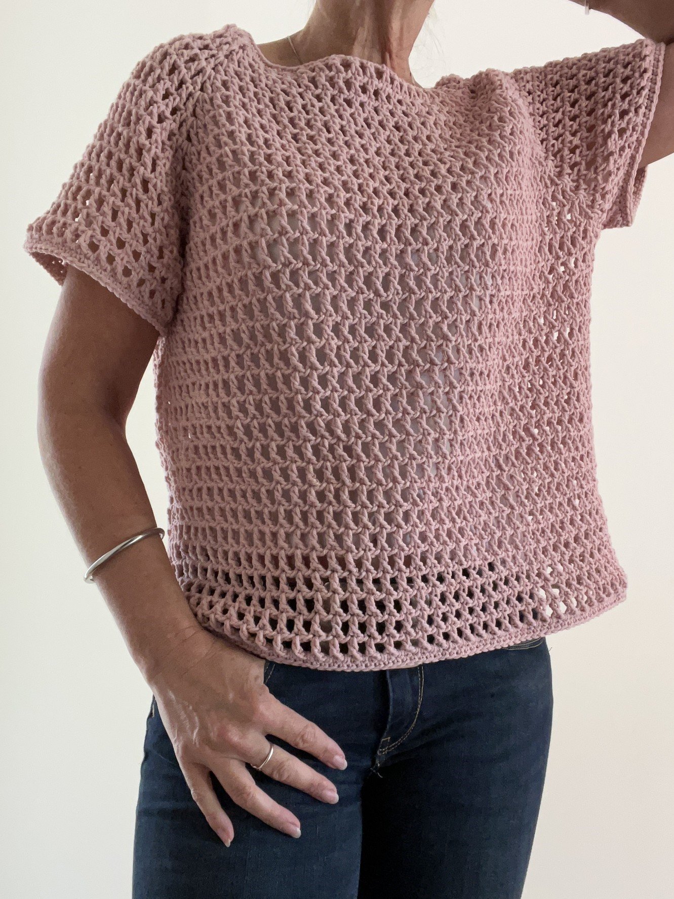 Pull au crochet fait main, pull maille résille, tunique été, manches courtes rose poudré Taille M