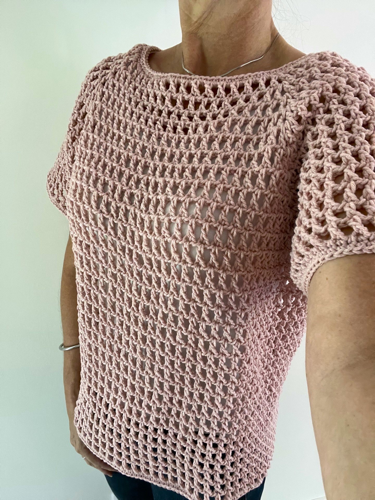Pull au crochet fait main, pull maille résille, tunique été, manches courtes rose poudré Taille M